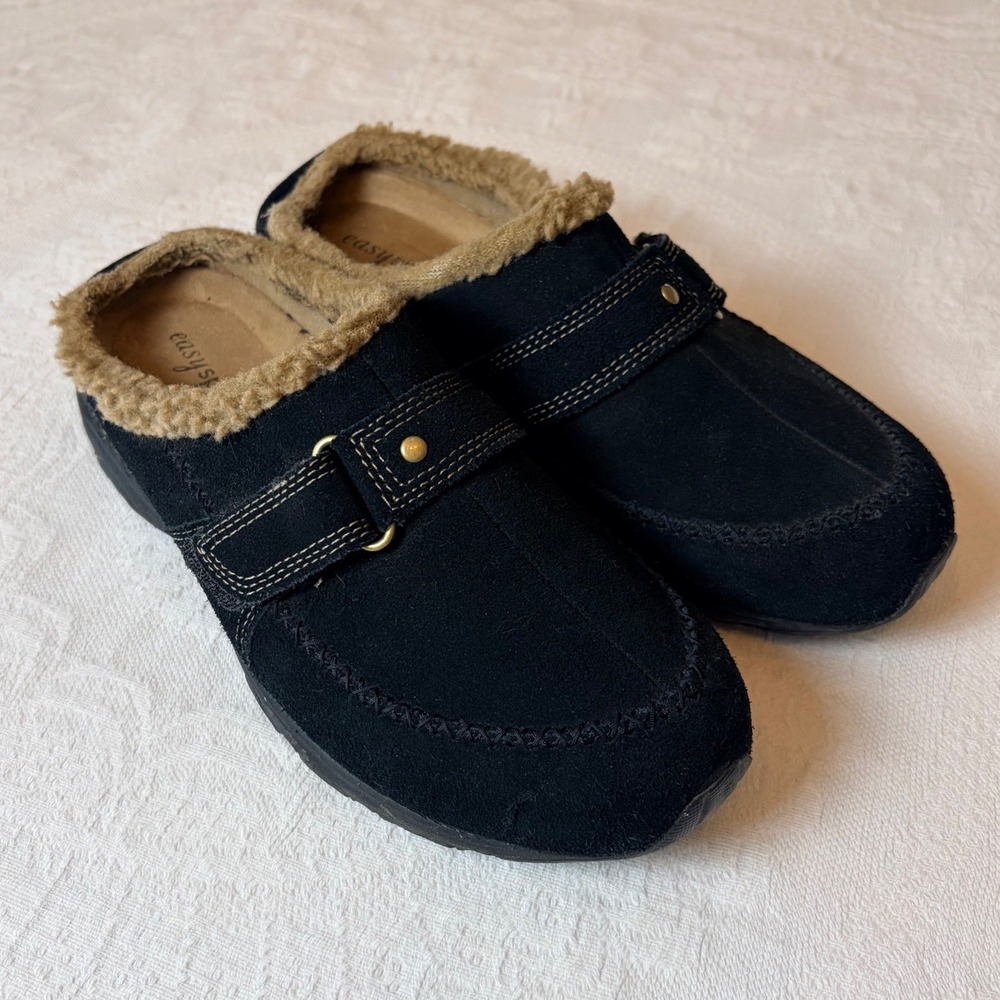 Easy Spirit ESTOOCOOL Black Suede Faux Fur Lined Mules Clogs Womens 10 M